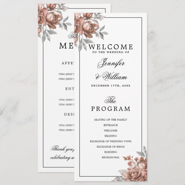 Programa y menú de boda floral rústico en rosa oro (Anverso / Reverso)