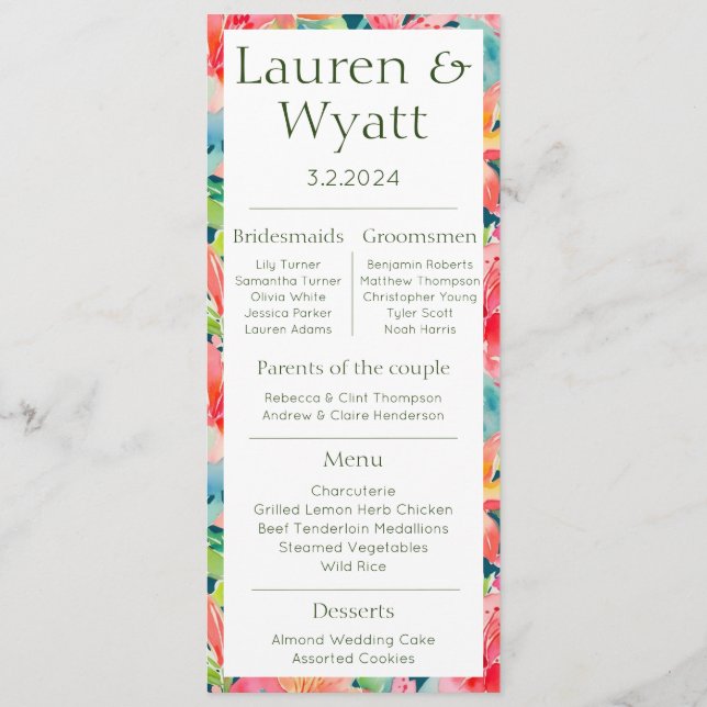 Programa y menú de matrimonio tropical de dos hech (Reverso)