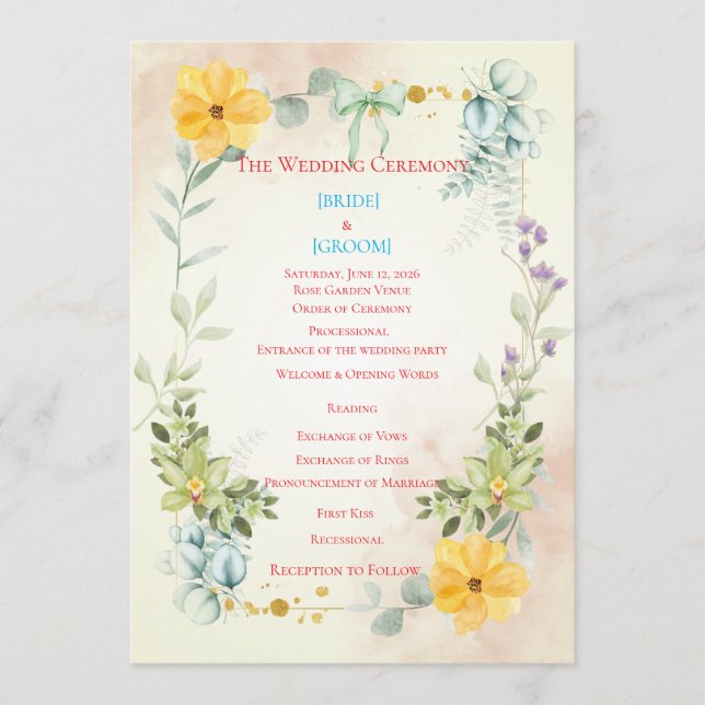 Programa Yellow and Pink Floral Wedding Program (Anverso)