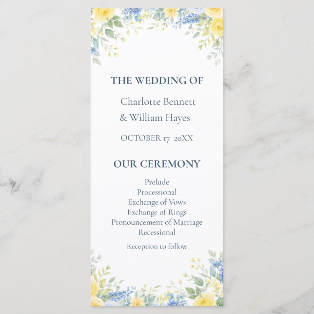 Programa Yellow Blue Watercolor Floral Wedding Program (Anverso)