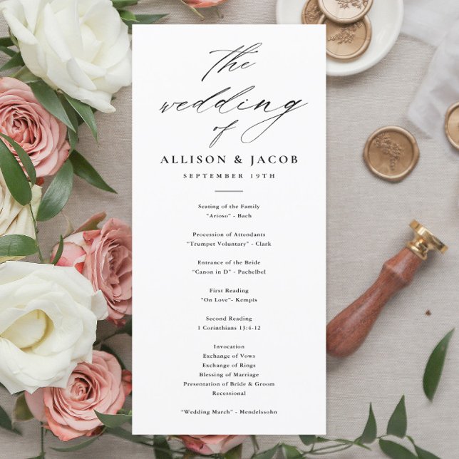 Programas de Boda Blanca y Negra con guiones elega (Elegant Script Black and White Wedding Program.)