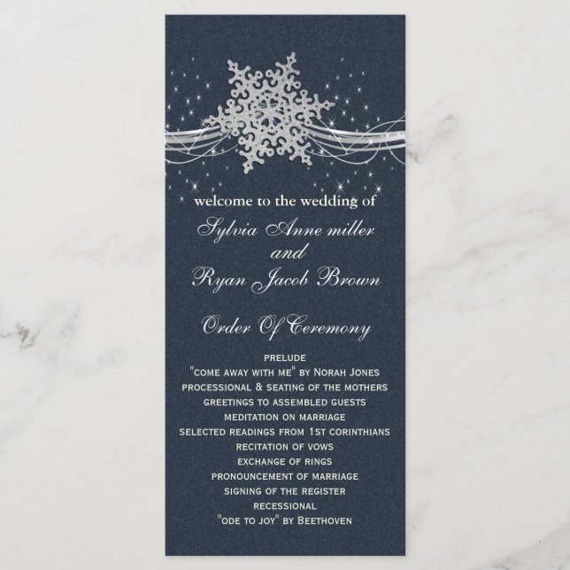 Programas de boda Blue Silver Snowflakes longitud  (Anverso)