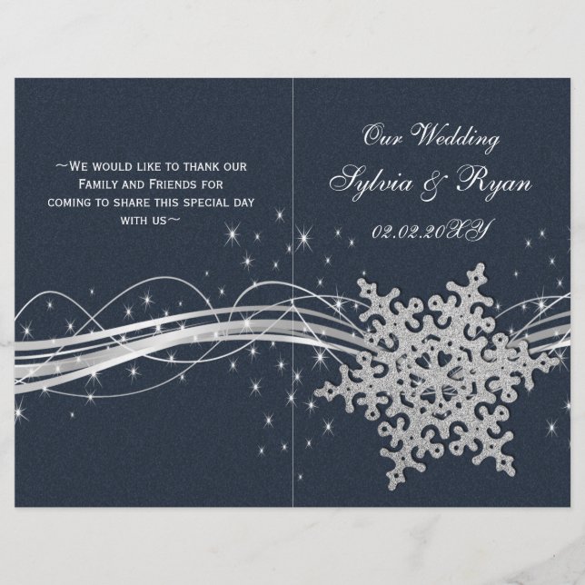 Programas de boda Blue Silver Snowflakes plegados (Anverso)