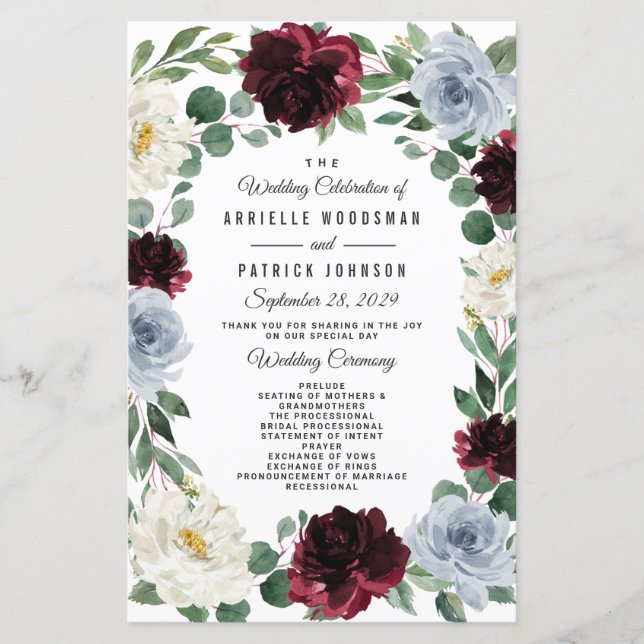 Programas de Boda Boho Otoñal en Azul Polvo y Burg (Anverso)