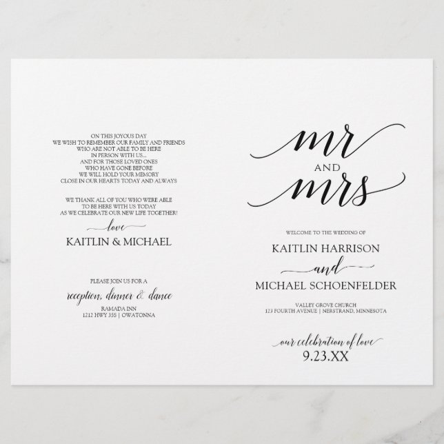 Programas de Boda con Tipografía Elegante en Negro (Anverso)