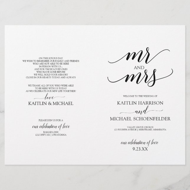 Programas de Boda con Tipografía Elegante en Negro (Anverso)