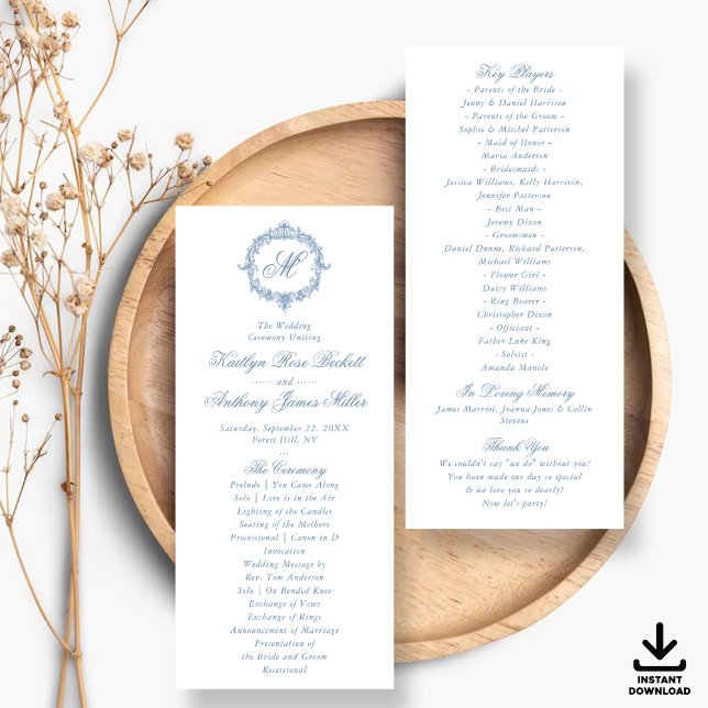 Programas de Boda con Toile Monograma Azul Vintage (Subido por el creador)