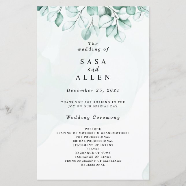 Programas de Boda de Eucalipto Verde (Anverso)