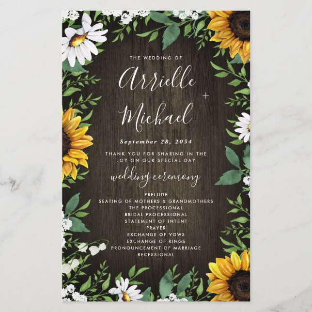 Programas de Boda de Flor de Sunflower Rustic Wood (Anverso)