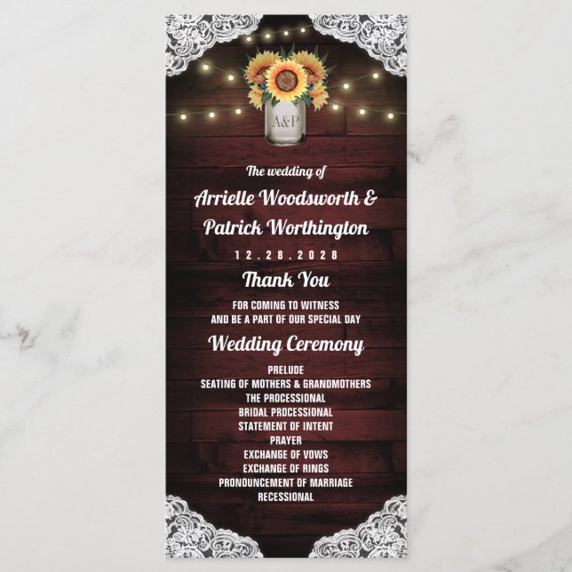 Programas de boda de frasco de Mason de girasol co (Anverso)