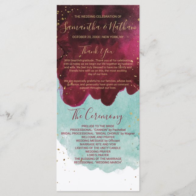 Programas de Boda de Oro Marsala Red Verde azulado (Anverso)