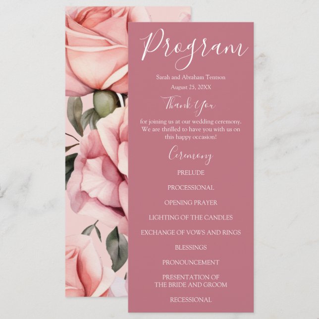 Programas de Boda de Rosas Rosadas Malva y Blancas (Anverso / Reverso)