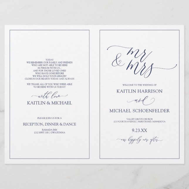 Programas de boda Elegante guión flaco Navy azul (Anverso)