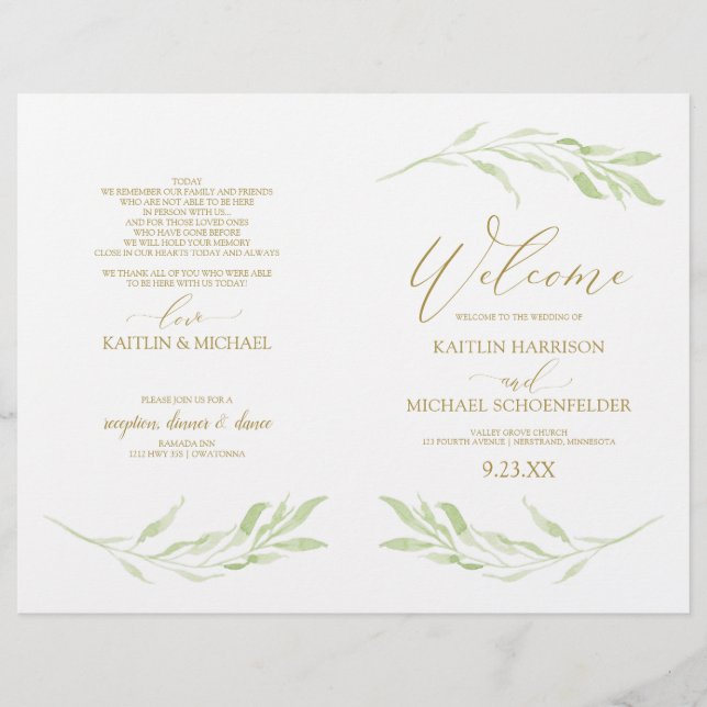 Programas de Boda Elegante Vines & Gold Calligraph (Anverso)