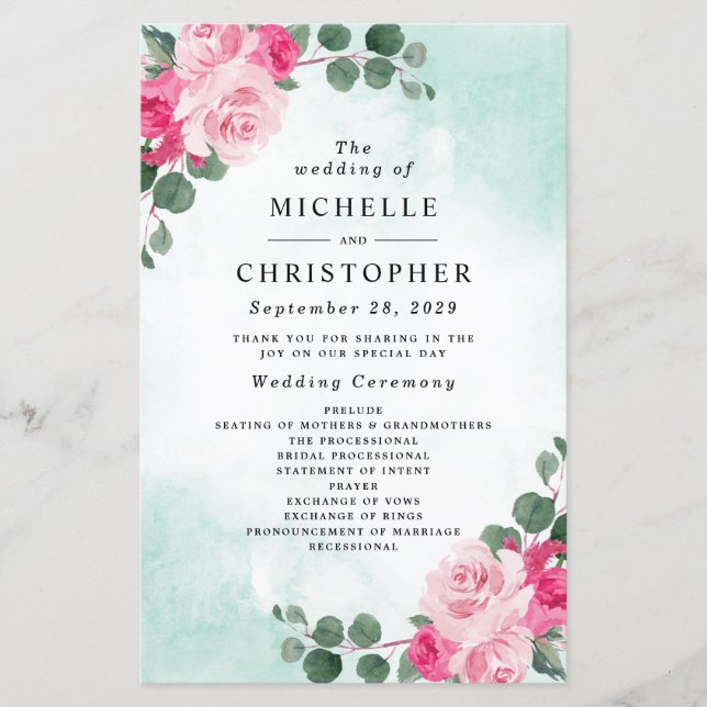 Programas de Boda Floral de acuarela rosa y verde (Anverso)