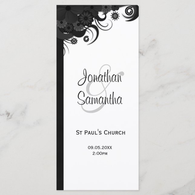 Programas de Boda Floral en Gótico Blanco y Negro (Anverso)