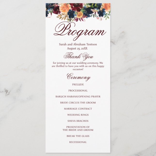 Programas de Boda Florales de Vino Burgundy Azul M (Anverso)