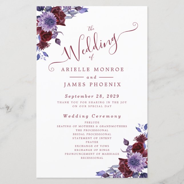 Programas de Boda Florales Morados y Blancos (Anverso)