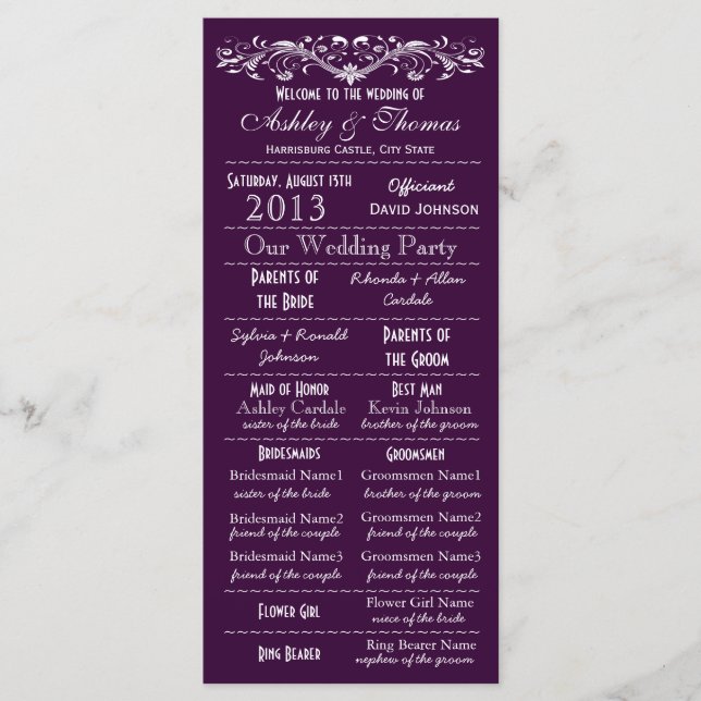 Programas de Boda Púrpura al Estilo Tipografía Vin (Anverso)