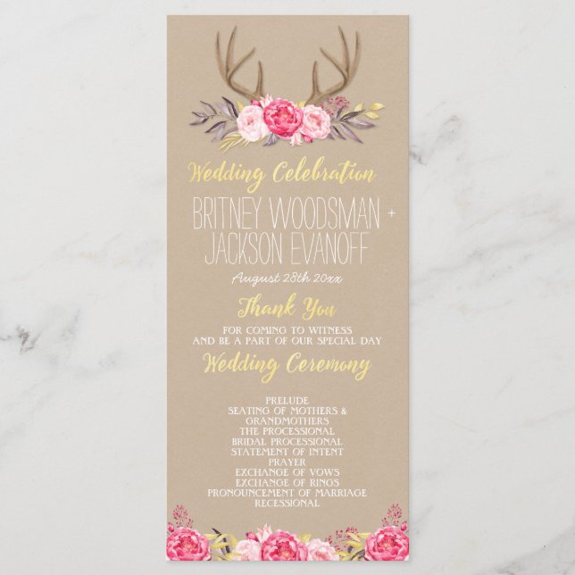 Programas de Boda Rustic Floral Peony & Deer Antle (Anverso)