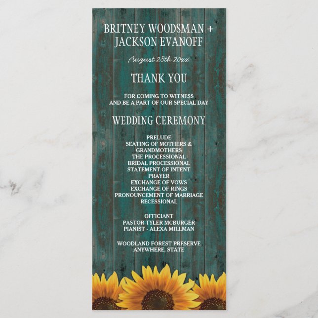 Programas de Boda Rústica de Girasol de Madera Tur (Anverso)