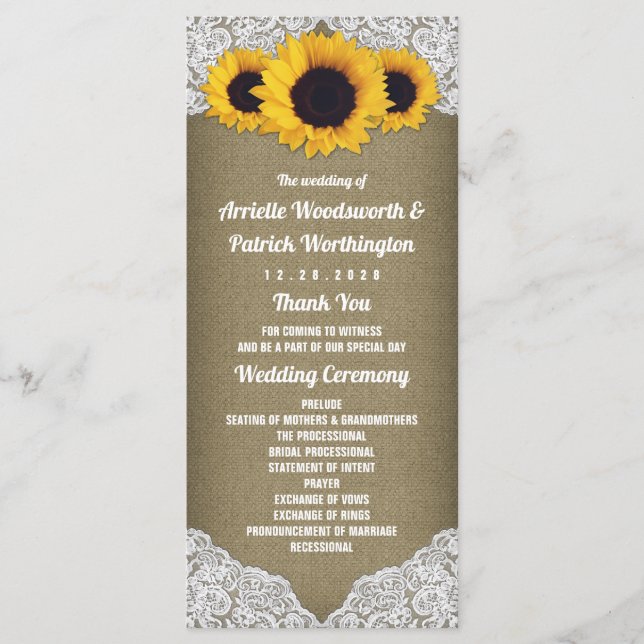 Programas de Boda Rústicos de Girasol con Arpiller (Anverso)