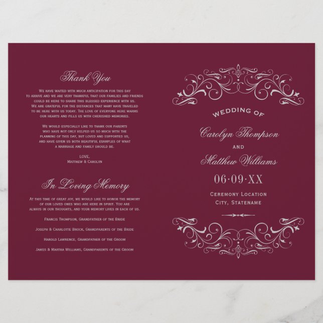 Programas de Boda Vintage Granate Plata (Anverso)
