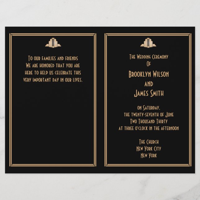 Programas de bodas Art Deco Black Gold Great Gatsb (Anverso)