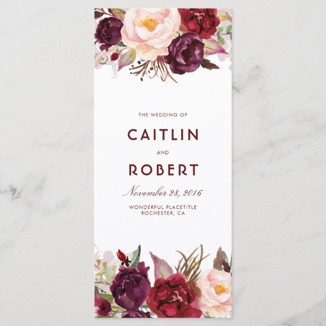 Programas de bodas con flores de Borgoña (Anverso)