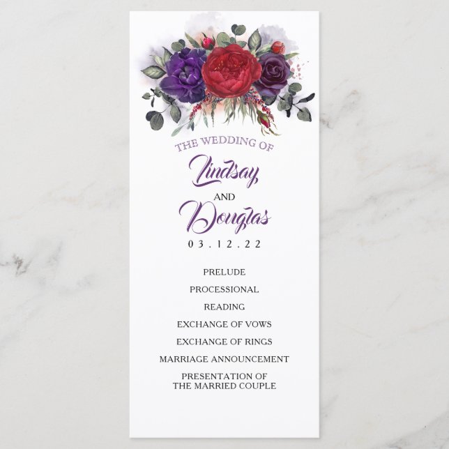 Programas de bodas con flores de ciruela morada y  (Anverso)