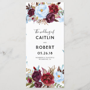 Programas de bodas con flores en azul y borgoña