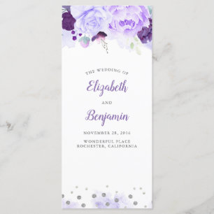 Programas de bodas con flores moradas y plateadas