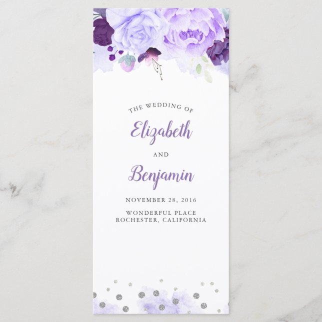 Programas de bodas con flores moradas y plateadas (Anverso)