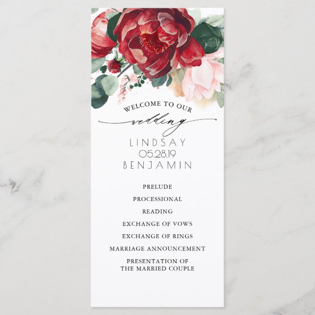 Programas de bodas con flores rojas y rosas de Bor (Anverso)