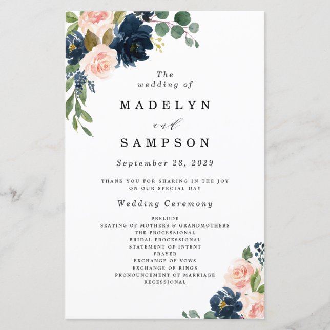 Programas de bodas con flores rosas de Marina y Ru (Anverso)