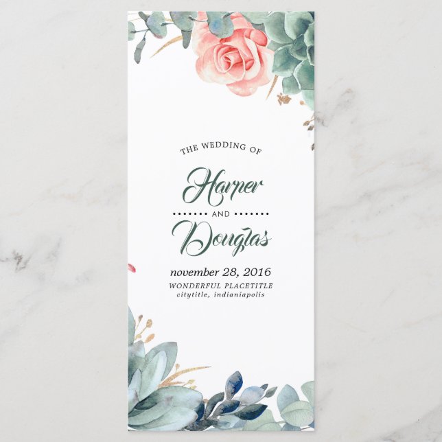 Programas de bodas de flores rosas y de vegetación (Anverso)