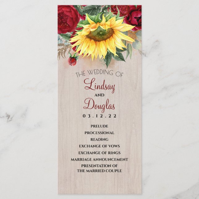 Programas de Bodas de Rosas Rojas y Girasol de Bor (Anverso)