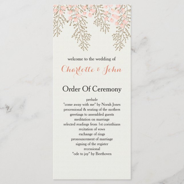 programas de bodas florales de oro de marfil rubor (Anverso)