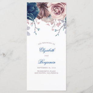 Programas de bodas florales en azul marino y malva
