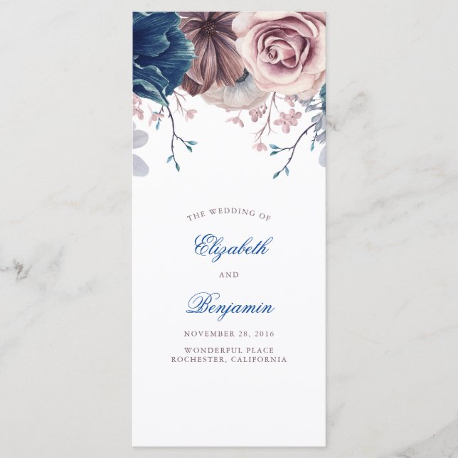 Programas de bodas florales en azul marino y malva (Anverso)
