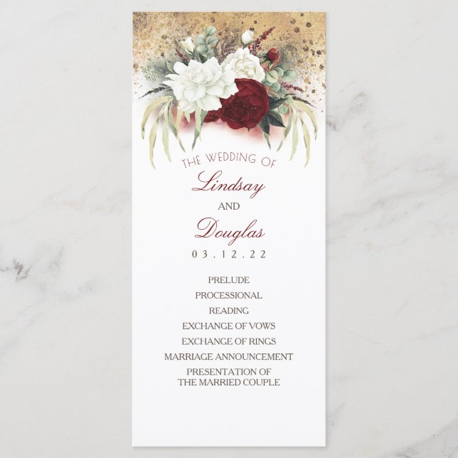 Programas de Bodas Florales en Blanco y Borgoña (Anverso)