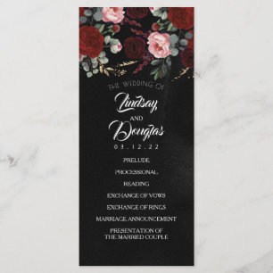 Programas de bodas florales negras y borgoñosas