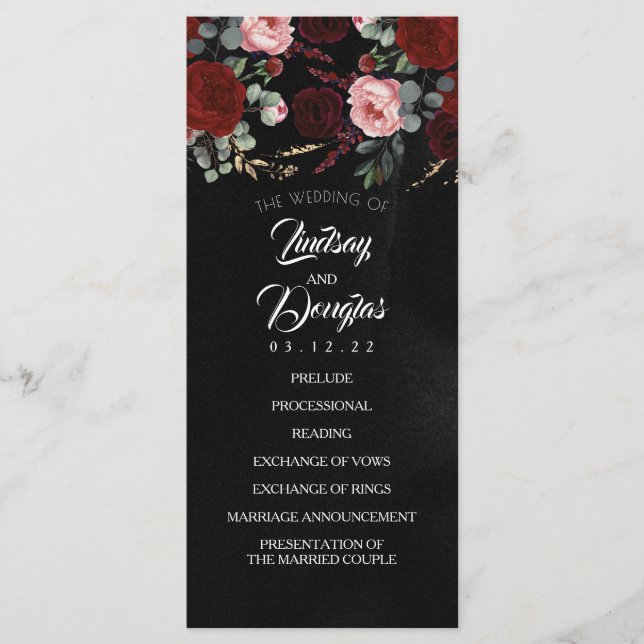 Programas de bodas florales negras y borgoñosas (Anverso)