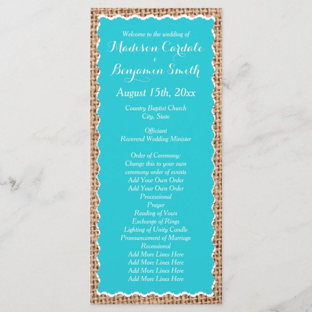 Programas de bodas rusticas de Burlap Turquoise (Anverso)
