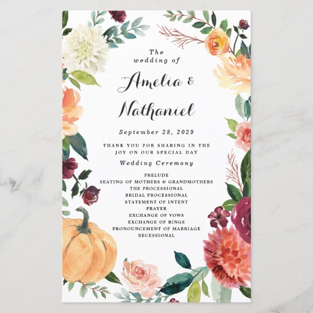 Programas de Boquerín Elegante para Bodas Florales (Anverso)