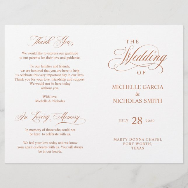 Programas de Ceremonia boda, cobre de elegancia cl (Anverso)