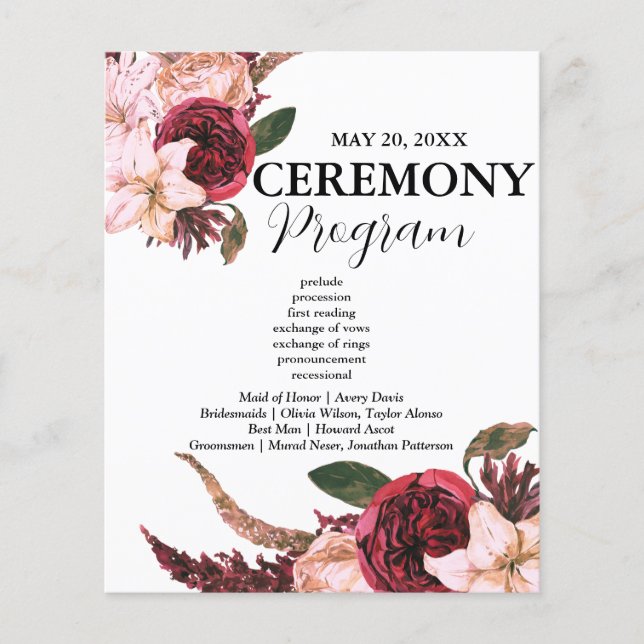 Programas de ceremonias de Boda de Borgoña Sangria (Anverso)