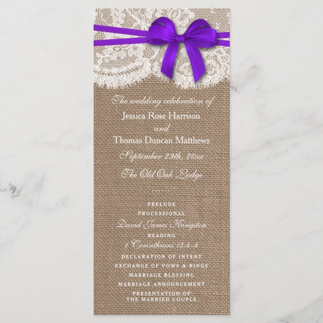 Programas de Colección de Bodas Rustic Purple Bow (Anverso)