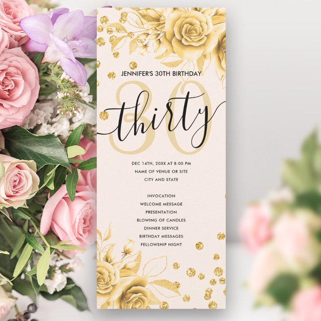 Programas de cumpleaños 30 de Gold Floral Purpurin (Gold Floral Glitter 30th Birthday Programs)