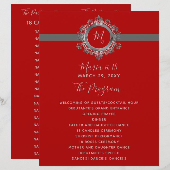 Programas de cumpleaños de monograma rojo y gris (Anverso / Reverso)